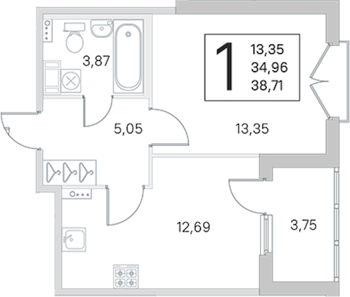 1-комнатная квартира 34.96 м², 3/4 эт., ЖК «Любоград в Стрельне»